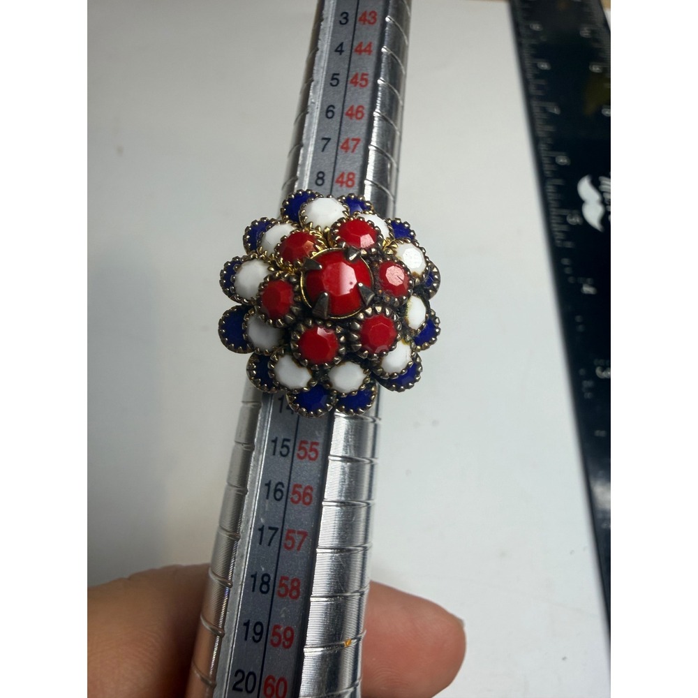 Vintage Red White Blue Floral Cluster Adjustable Cocktail Ring Gold Tone Ring